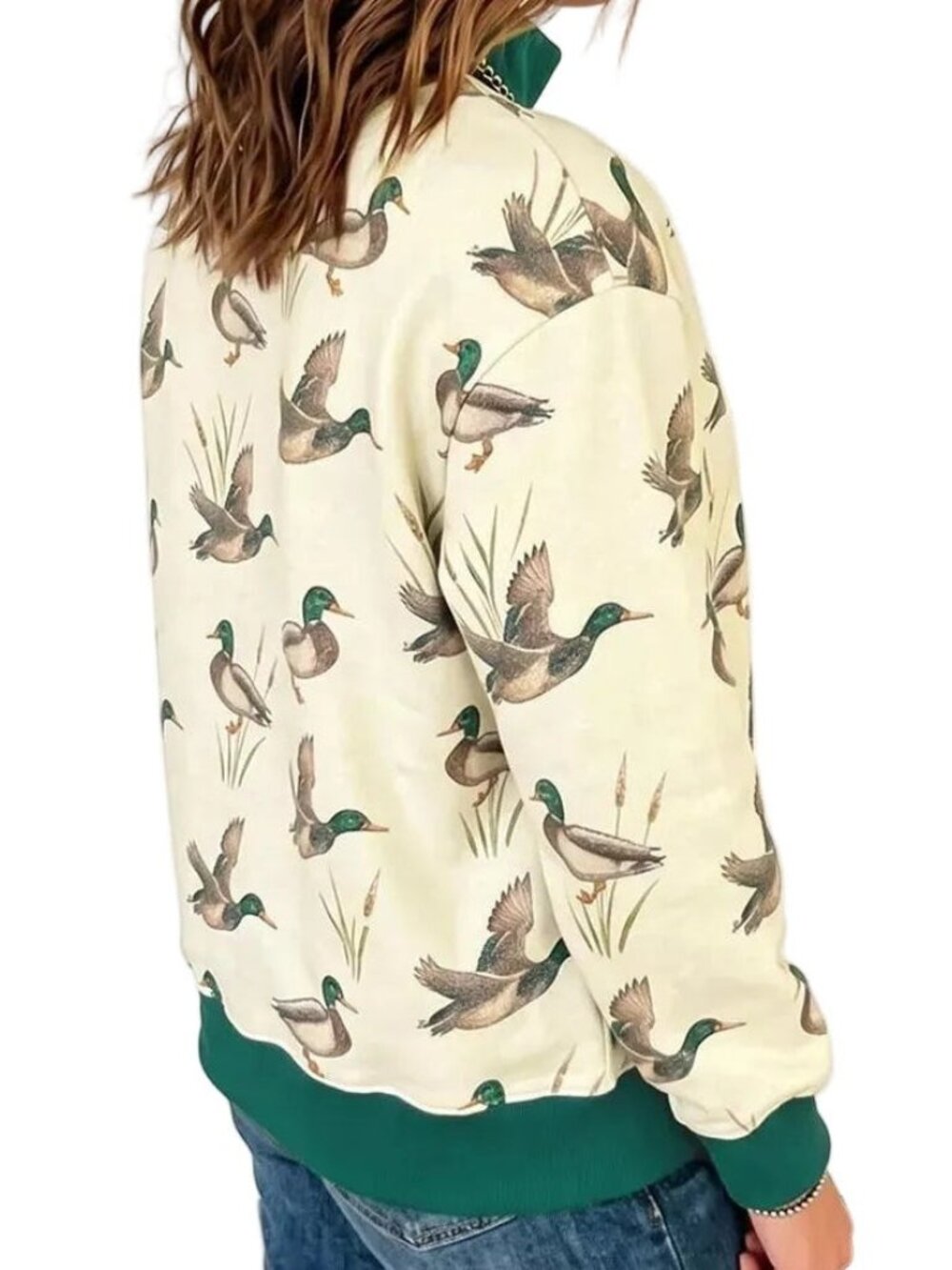 Mallard Duck Southern Contrasting Mock Neck County Western Pullover Sweatshirt - Picture 3 of 8